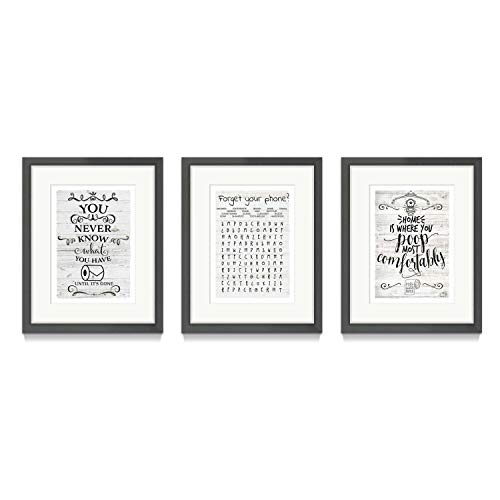 Humorous Bathroom Quote & Saying Art Prints - Wooden Framed  Funny Bathroom Word Search Puzzle Games Wall Art Signs with Gold Foils set of 3 (11''x14'')