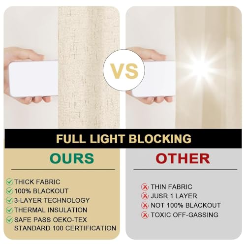 Image of PrinceDeco Linen Texture Curtains 100% Blackout Curtains 90 inch Long 2 Panels Set Full Blackout Linen Curtains with Thermal Insulated Liner Noise Reducing, 52 inch Wide,90 inch Length,Bleached Sand