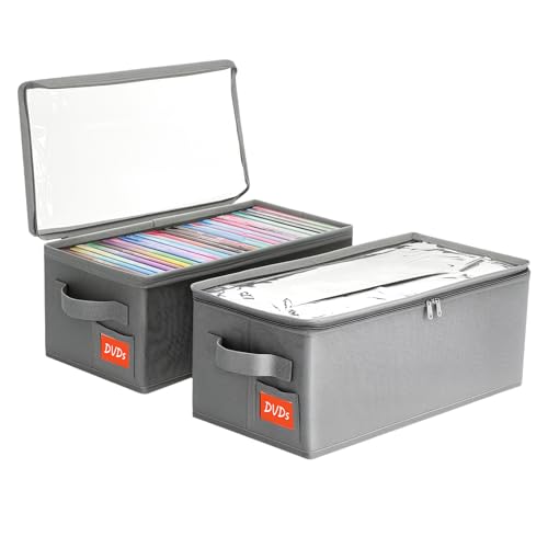 yoyobubu DVD Storage Box – DVD Case with Clear PVC Lid – DVD Shelf Organizer for 25 Standard DVD Cases – Foldable & Stackable Media Storage Solution – 2Pack(Gray)