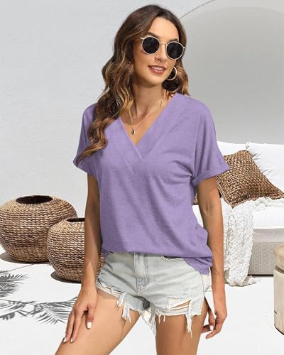 Image of T Shirts Short Sleeve V Neck Tees Womens Tops Beach Vacation Fashion Clothes 2026 Casual Summer Spring Fall Outfits