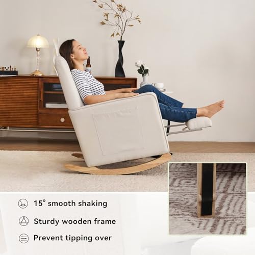 FOXHUNTER Rocking Chair Nursery with Adjustable Footrest and High Backrest, Upholstered Glider Chairs with Side Pockets for Nursery, Rocker Armchair Indoor for Living Room,Beige