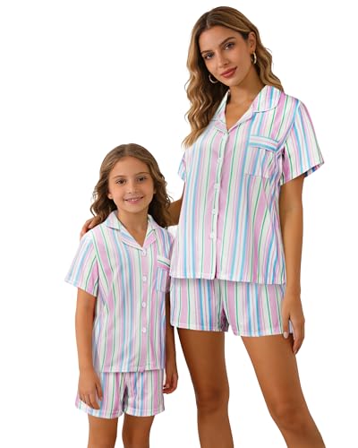 MyFav Mommy and Me Pajamas Set Mother Daughter Matching Family Sleepwear Button Down Short Sleeve Shorts Nightwear White,8Y