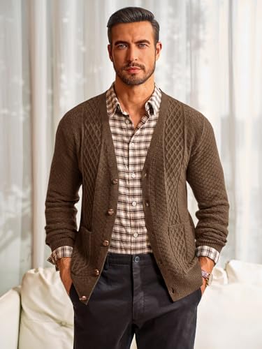 Runcati Mens Cardigan Sweater Casual V Neck Cable Knitted Cardigans Button Down Winter Chunky Sweaters with Pockets4