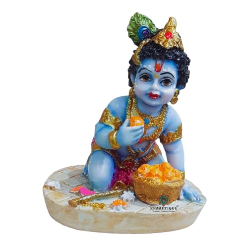 Image of Baby Krishna Idol for Home Temple & Pooja Room | Laddu Gopal Murti, Bal Gopal Makhan Chor Statue, Marble Dust Krishna Showpiece for Mandir Decor, Janmashtami Gift, Car Dashboard Decoration (4 Inch)