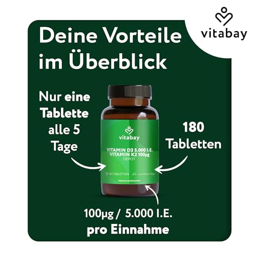 Vitabay Vitamin D3 + K2 Depot – 180 vegane Tabletten – hochdosiert – 5000 IE Premium Vitamin D3 mit K2-MK7 All-Trans – ohne Zusätze – vegan & laborgeprüft in Deutschland – Vorrat für über 18 Monate