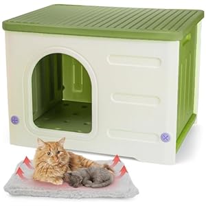 Plastic Cat House Indoor Outdoor, Waterproof Feral Cat Shelter with Mat, Escape Door, Sturdy Large Pet House for Cats, Puppy, Rabbit, Easy Assemble, Green