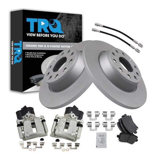 Image of TRQ Rear Brake Pad and Rotor Set Ceramic Coated Calipers Compatible with 2009-2016 Volkswagen CC 2009-2017 Tiguan 2018 Tiguan Limited