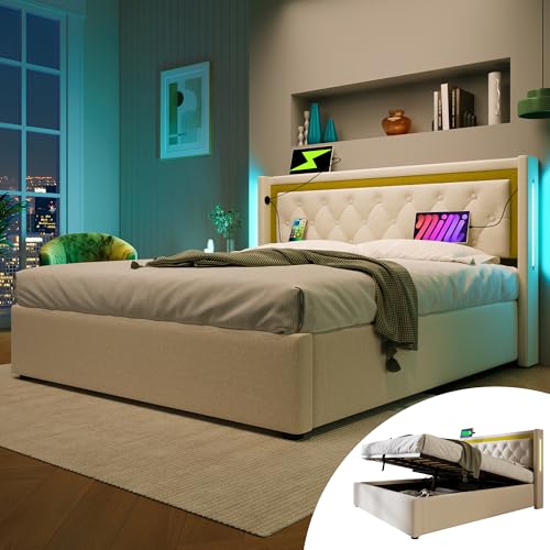 XPSSJMU Cama Doble tapizada con canapé, canapé con función de Carga Tipo C, cabecero, canapés, Estructura de Cama de algodón, Cama Juvenil 140x200 con somier (sin colchón) - imagen 4