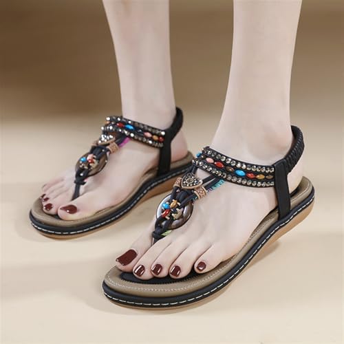 Womens String Bead Casual Elastic Band Bohemian Beach Shoes Sandals Elastic Ankle Strap Low Wedges Sandals Rhinestone Cute Sandal Dressy Flats3