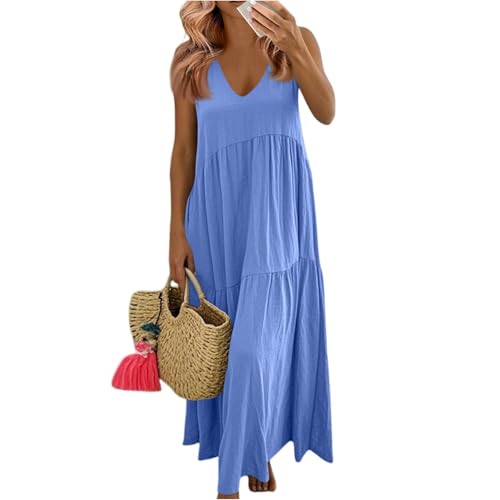 Plus Size Dresses for Curvy Women V Neck Sleeveless Linen Long Dress Maxi Loose Fit Tiered a Line Flowy Swing Boho Vacation Dress Bohemian Hawaiian Plain Empire Waist Sundress a Line Dresses for Women