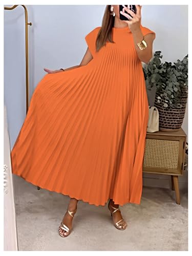 Image of GORGLITTER Women's Pleated Flowy Chiffon Church Dresses Elegant Summer Short Sleeve Wedding Guest Maxi Dress Outfits
