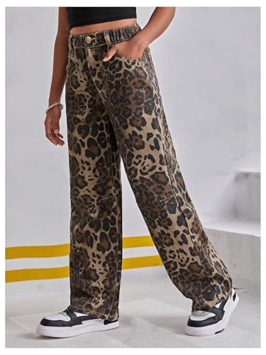 Floerns Girl's Leopard Jeans Mid Waist Straight Leg Y2k Grunge Denim Pants3