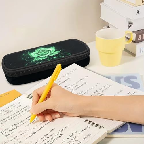Image of Green Rose Pen Pouch for School Large Capacity Pencil Case Teen Girls Pen Bag with Slots Lightweight Stationery Organizer for Girls, 8.8 inch x 4.1 inch x 1.7 inch