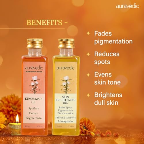 Auravedic Kumkumadi Oil & Skin Oil Combo | Saffron, Turmeric and Winter Cherry Infused Face Moisturizer | Hydrating & Moisturizing | for All Skin Types | 3.38Fl Oz (100ml) - Image 5