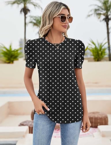 IECCP Blusa Mujer Verano Camisetas Puff Encaje Manga Corta 2025 Verano Tops Mujer Cuello Redondo Casual Túnica Camiseta Elegante, Lunares negros, XXL