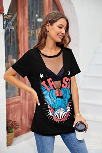 Karlywindow Womens Short Sleeve Graphic Tees Distressed Hawk Print Mesh V Neck Loose Sexy T-Shirt Tops4