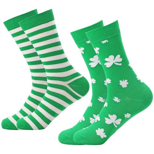 TUPMMNUY 2 Pairs St. Patricks Day Socks Fun Irish Green Stripe Shamrock Dress Socks Women Men's Novelty Socks
