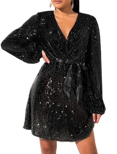 828 - Plus Size Long Sleeves Wrapped V Neck Sequins Skater Style Cocktail Evening Club Dress (Black Black, 4X)