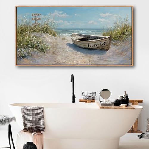 Image of AJAZIKO Coastal Canvas Wall Art Paintings - Beach Wall Pictures for Living Room with and Ocean Themes - Boat Wall Decor and Ocean Wall Art for Home Artwork for Walls 29x58IN