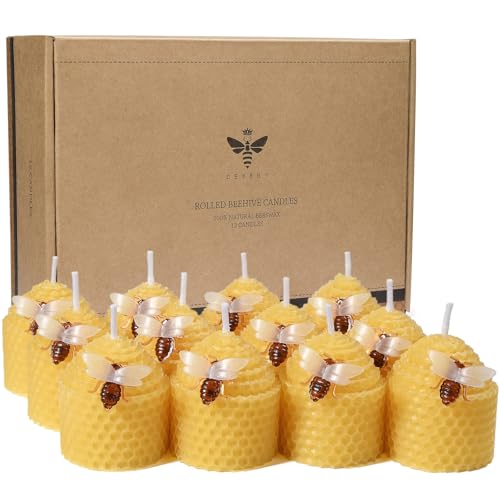 DEYBBY Natural Beeswax Candles Bulk Set of 12, Small Bee Votive Candles with Little Bee Decorations as Gift (Yellow)