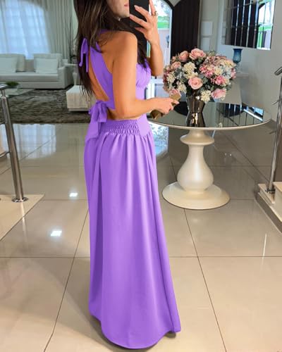 Image of CHICME Women's Sleeveless Halter Neck Dress Criss Cross Tie Back Split High Maxi Dress