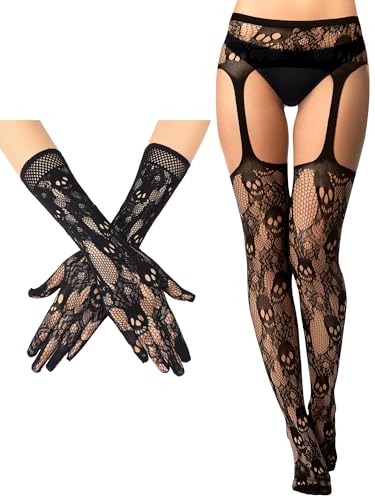 Image of Geyoga 2 Pcs Lace Fishnet Stockings Tights Floral Gloves Black Suspender Pantyhose Long Gloves for Women Halloween Cosplay