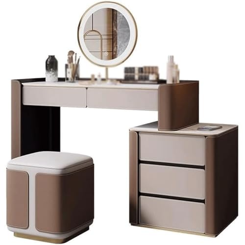 HJDQMDHA Nórdico Tocador de Mesa de Pizarra, Juego de tocador de Maquillaje Moderno, Espejo con luz LED, Taburete Acolchado, Escritorio de tocador, gabinete Lateral pequeño Simple