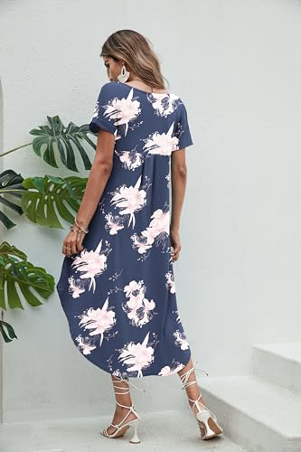 Image of Ekouaer Long Nightgowns for Women Short Sleeve House Dress with Pockets V Neck Sleepshirts Side Split Sleepwear S-4XL