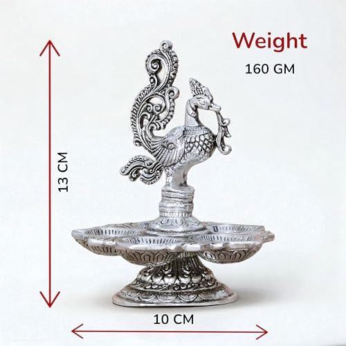 Image of Traditional Silver-Plated Peacock Pooja Thali, 5-Compartment Diya Stand with Ornate Design