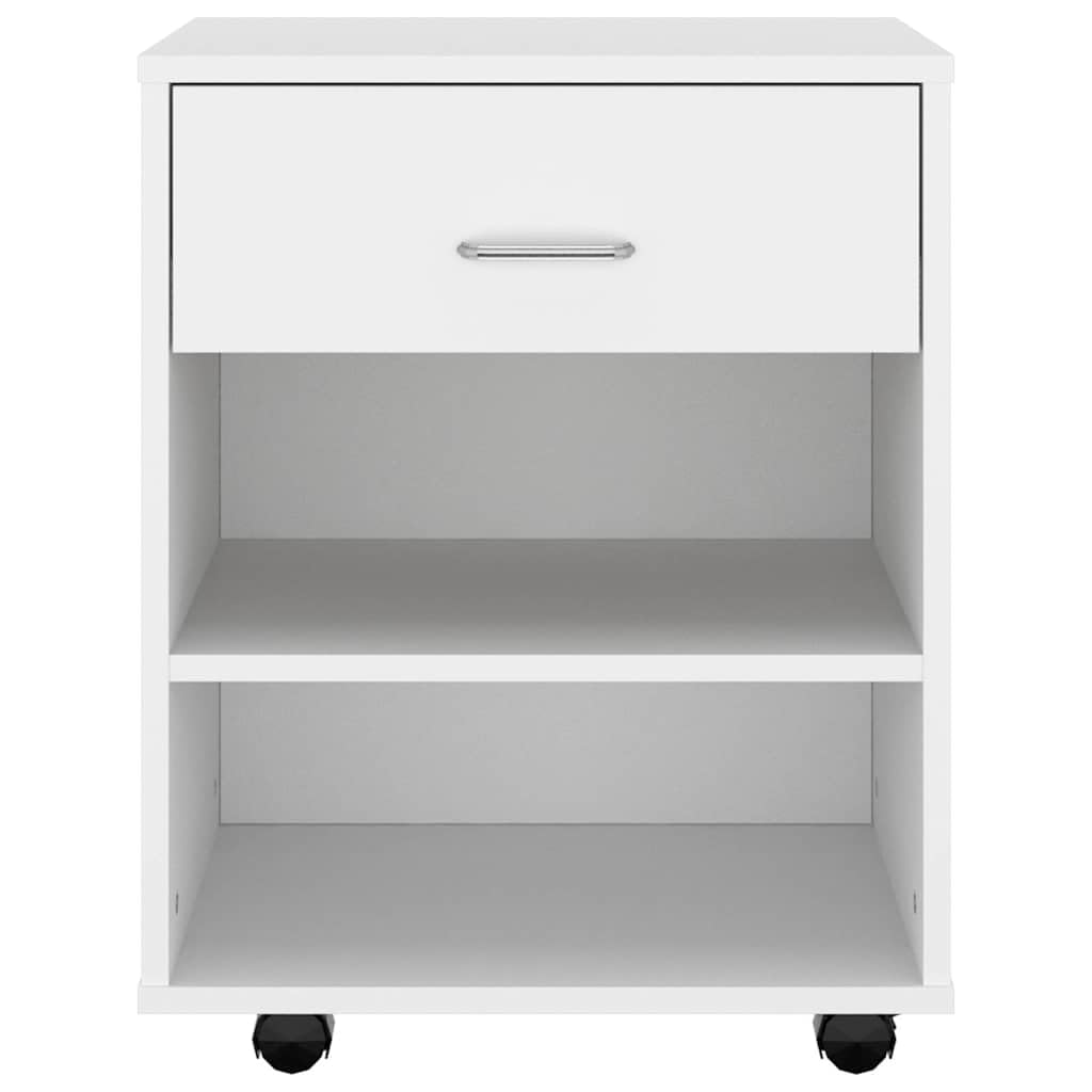 Rollschrank Weiß Holzwerkstoff 46x36x59 cm mit 4 Rollen 2 feststellbar, Aufbewahrungsschrank für Büro, Haushalt, Werkstatt mit Stauraum und Ablagefach, abschließbar, vielseitig einsetzbar