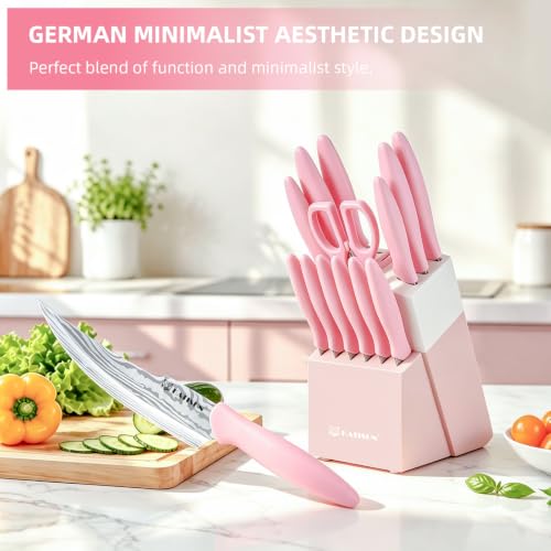 Knife Set - 15 PCS Kitchen Knife Set with Built-in Sharpener Block, German Precision Forged Stainless Steel Blades, Ergonomic Handles, Dishwasher Safe, Pink - image 2