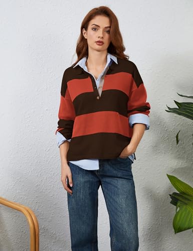 Image of Womens Striped Sweater Rugby Polo Shirts Y2k Collar Pullover Tops | Rugby Shirt,Long Sleeve Knit Top,Lapel V Neck Jumper,Oversized,Casual Outings Streetwear,Preppy Sweater,Fall Winter Clothes