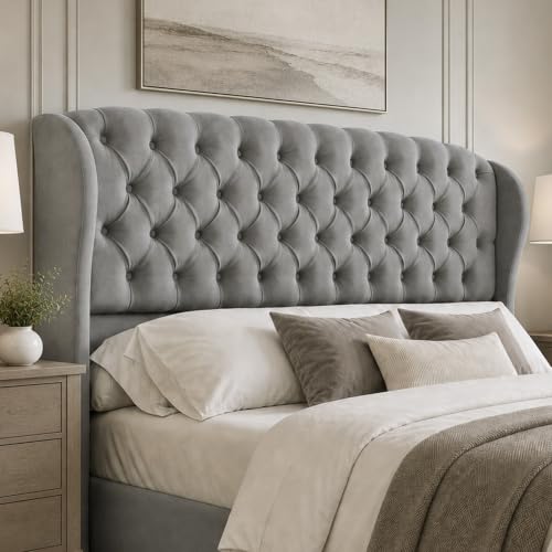 Image of AMERLIFE King /Cal King Headboard Only, Velvet Upholstered Wingback, Grey