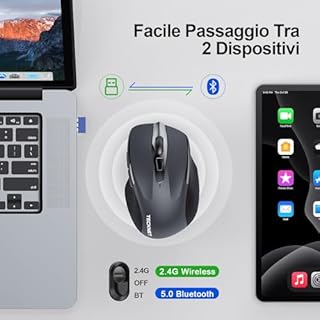 TECKNET Mouse Bluetooth Ricaricabile, Multi-dispositivo Mouse Wireless Silenzioso (Tri-Mode: BT 5.0/3.0 + 2.4G), 4800 DPI, Ergonomico, Portatile per Laptops, Mac OS, Android, Windows