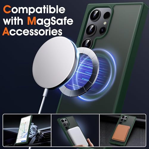 Image of Oterkin Magnetic for Samsung Galaxy S24 Ultra Case Matte, S24 Ultra Phone Case Compatible with MagSafe Frosted Translucent Shockproof Anti-Scratch Slim Fit Case Military Grade Protection (Dark Green)