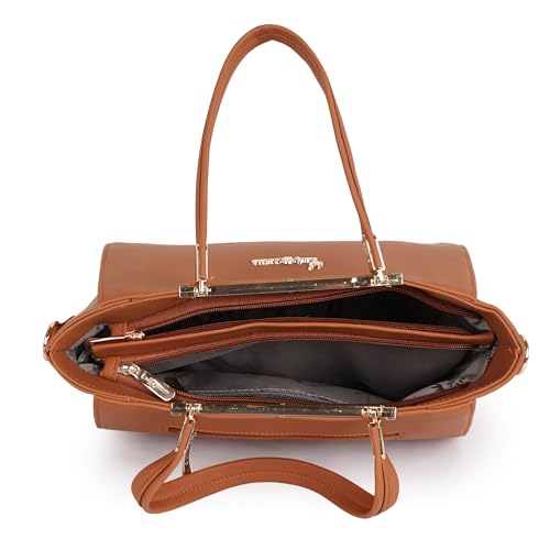 Image of Lady Quinton structured handbag with gold-tone hardware, dual handles, and detachable strap