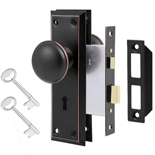 Ruigrit Mortise Lock Set Interior Door with Vintage Door Knob Old Door Knob Replacement Fits 1-3/8 to 1-3/4 Doors Rustproof Zinc Alloy & Skeleton Key Oil Rubbed Bronze
