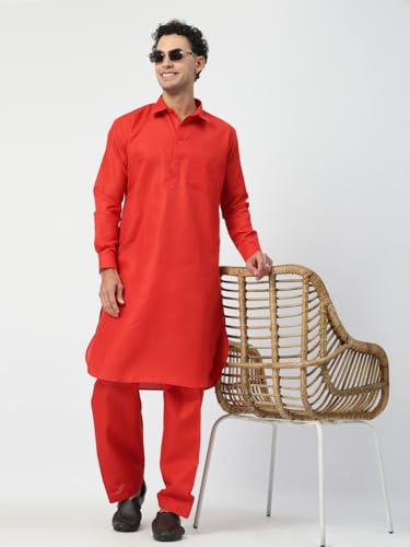 Image of Men's Traditional Pathani Kurta Salwar Set, Red, Long Sleeve, Collared Neck, Cotton Blend, Ethnic Wear