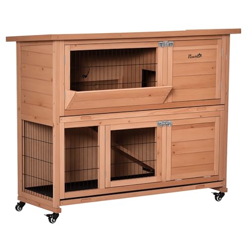 PawHut Conigliera in Legno a 2 Livelli con Ruote, Casetta