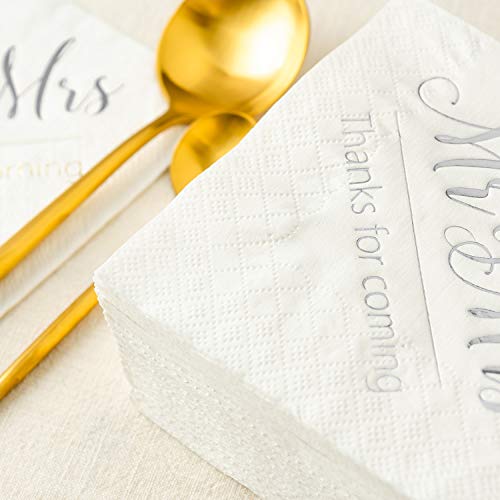 Crisky NPK026-MRMRS-SIVER-100 Wedding Napkins Mr Mrs Silver Cocktail Beverage Dessert Napkins thumb #3