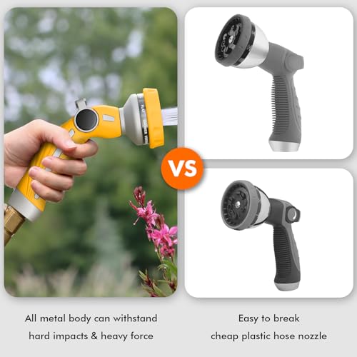 Image of RESTMO Hose Nozzle Heavy Duty, Metal Water Hose Sprayer for Garden | 9 Spray Patterns, High Pressure, Thumb Flow Control, On /Off Valve, Ideal for Outdoor Lawn & Plant, Car & Pet, Yellow