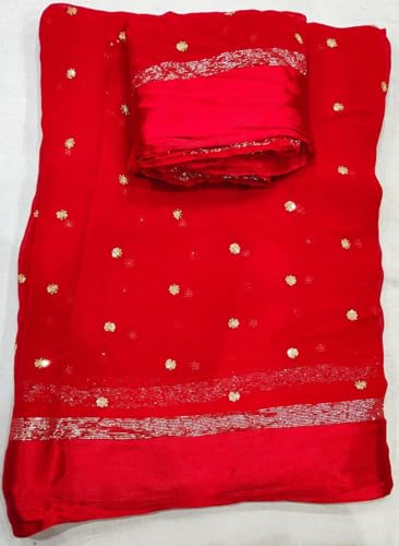 Image of Pure Georgette Sequence Work Saree with Contrast Blouse, Satan Patta Fabric