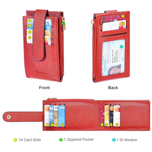 Image of Chelmon Women's RFID Slim Card Holder Wallet | Thin Bifold Multi Card Case with Zipper Coin Pocket Purse for Women(Red)