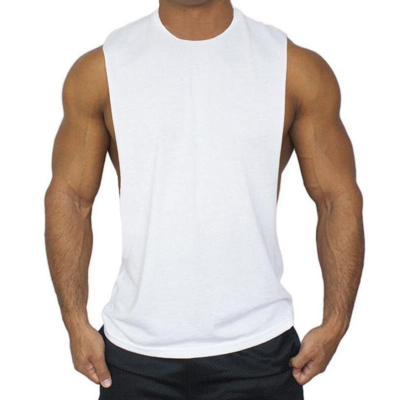 GenericCartoon Bodybuilding Drop Armhole Tank Top Gym Stringer Vest Summer Fitness Mens Cotton Clothing Loose O-neck Sleeveless (White blank, L)
