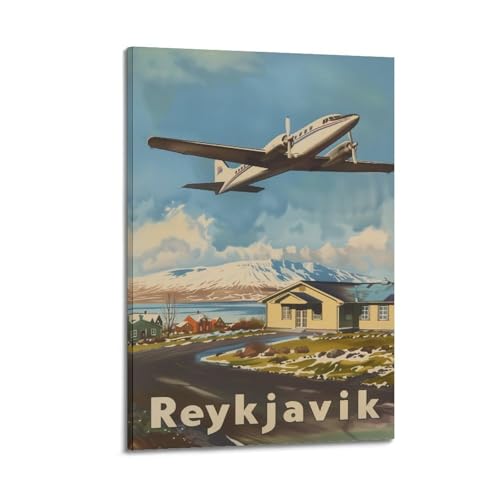 Poster Reykjavik Islande 40x60 cm tableau avion et banlieue sur toile encadrée