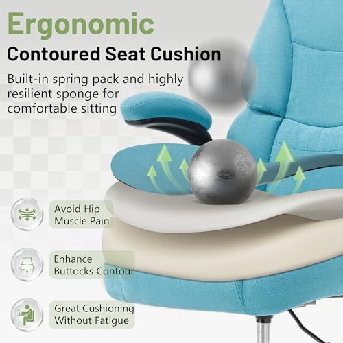 Image of 500LBS Drafting Chair, High Back Safer Standing Desk Chair, Executive Tall Office Chair with Flip-up Armrests, Upholstered Fabric Task Chair, Ergonomic Seat with Adjustable Height&Foot Ring, Blue