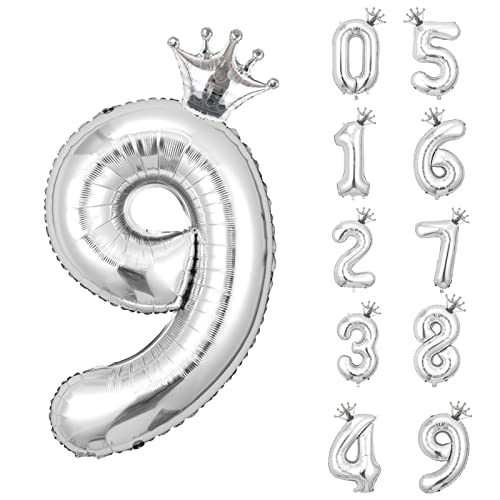 養楽堂 誕生日 バルーン 数字 パーティー 飾り風船 0-9 王冠 デコレーション装飾 32インチ 大きい バルーン 結婚式 記念日 子供 大人兼用 シルバー9