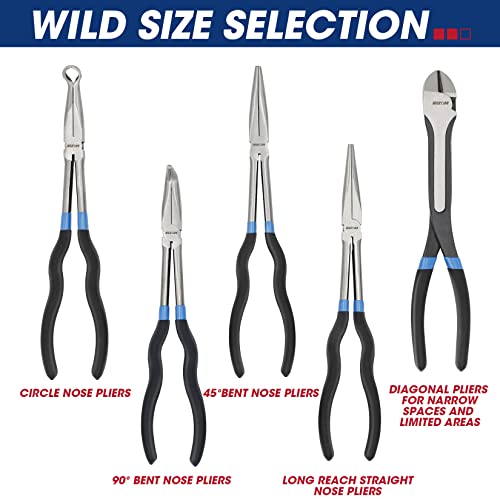 Rizom 5-Piece 11 Inch Long Needle Nose Pliers Set, Extra Long Reach Pliers Set, 90° Bent Nose Pliers, 45° Bent Nose Pliers, Circle Nose Pliers, Diagonal Pliers For Narrow Spaces And Limited Areas #TOP6