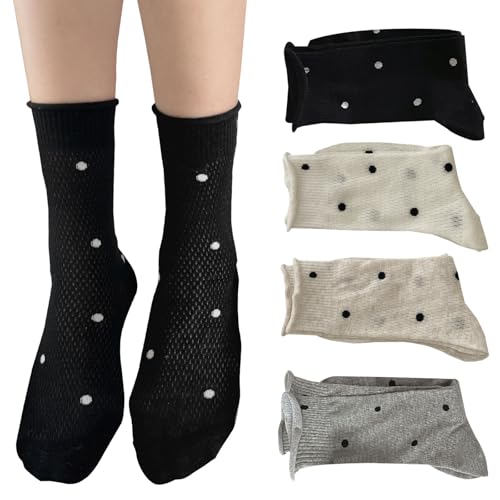 Image of zrylibya Women Cute Roll Top Turn Cuff Slouch Socks Hollow Out Crochet Solid Casual Crew Socks 4 Pairs