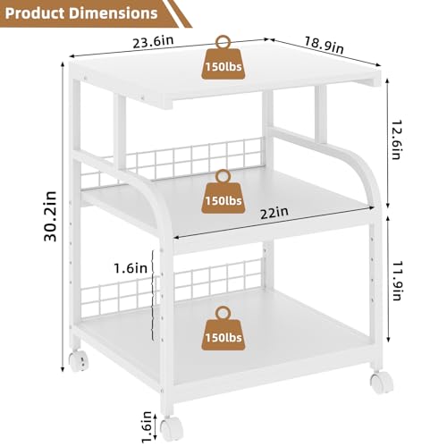 Lerliuo Large Printer Stand with Storage, 23.6\"W x 18.9\"D x 30.2\"H, 5-Adjustable Shelf Heights Mobile 3 Tier Table with Lockable Wheels, Industrial Rolling Printer Cart, White Stands for Home Office